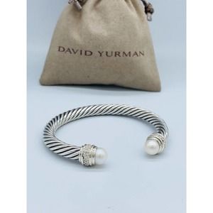 David Yurman Sterling Silver 7mm Classic Cable Pearl & Diamond Bangle Bracelet